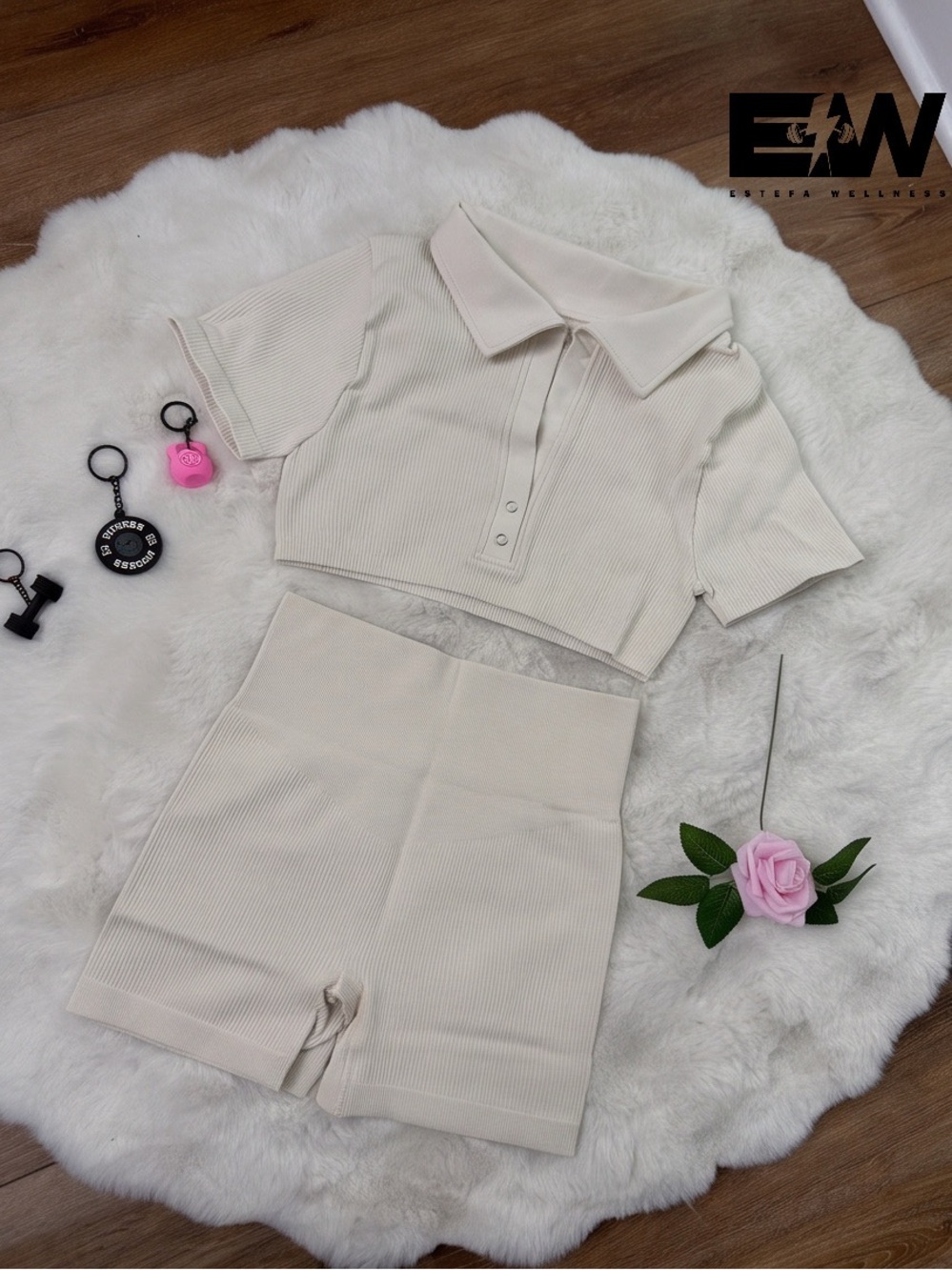 High-Waist Ribbed Athletic Shorts Set - Cream